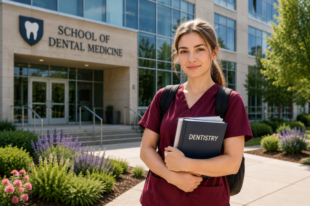 International dentist in scrubs holding a dentistry textbook outside a U.S. dental school building