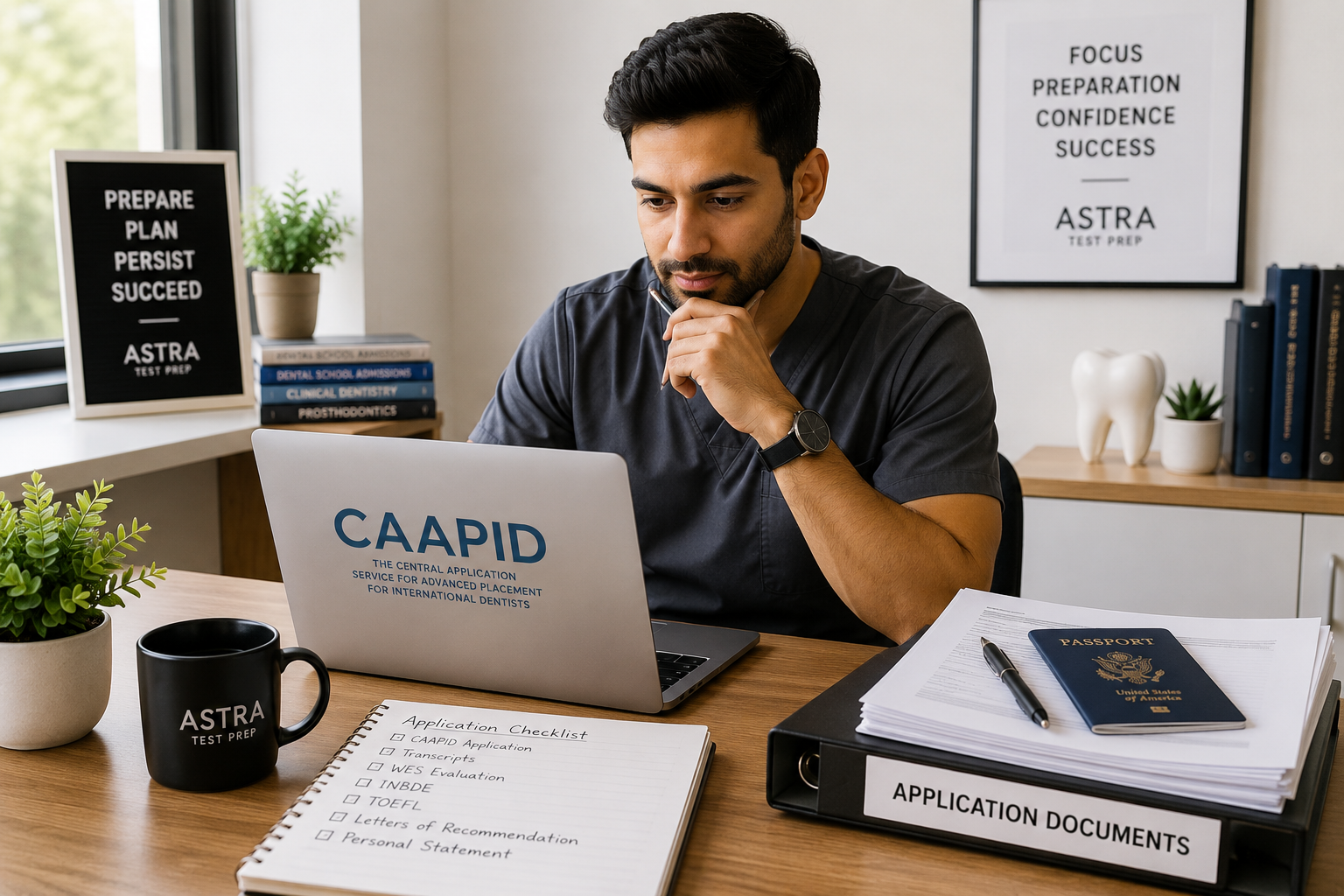 Dentist reviewing a CAAPID application checklist at a desk with Astra Test Prep materials