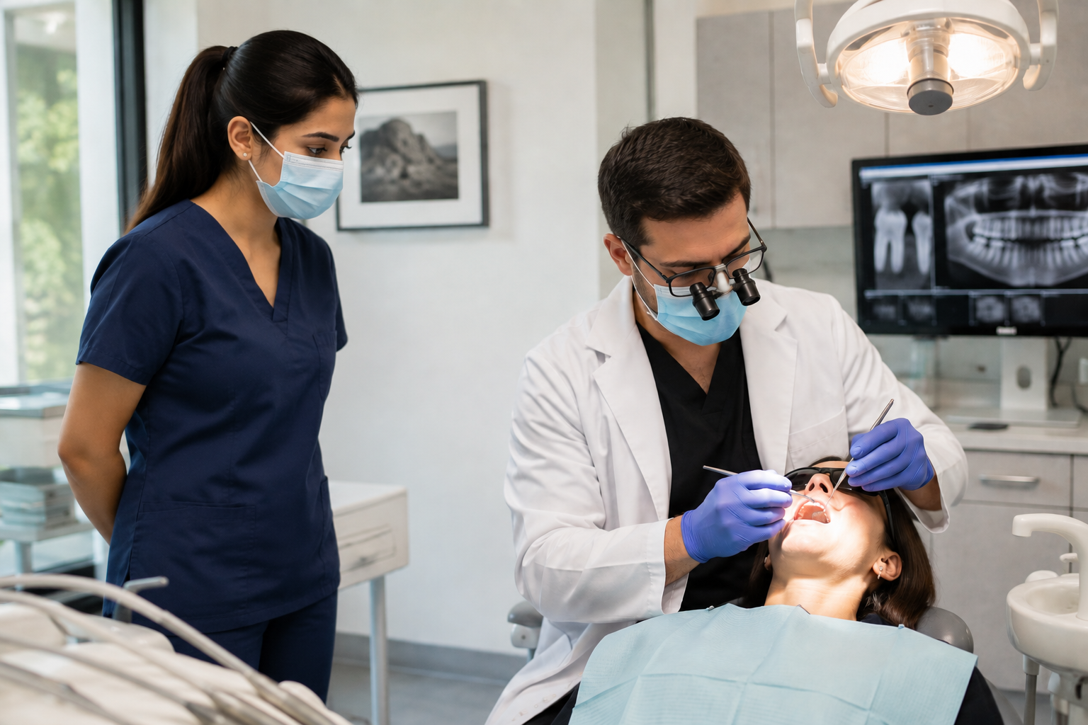 International dentist observing a dentist and dental assistant treating a patient during a dental observership
