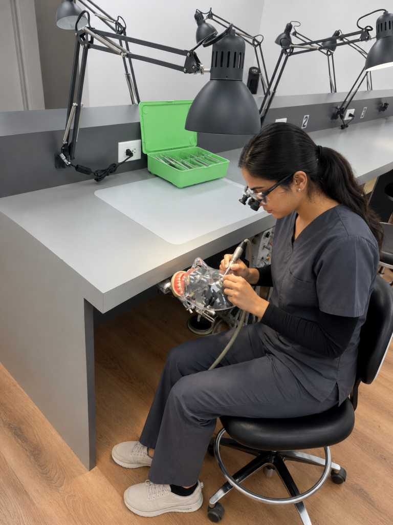Dentist practicing crown preparation on a typodont at a dental simulation lab bench