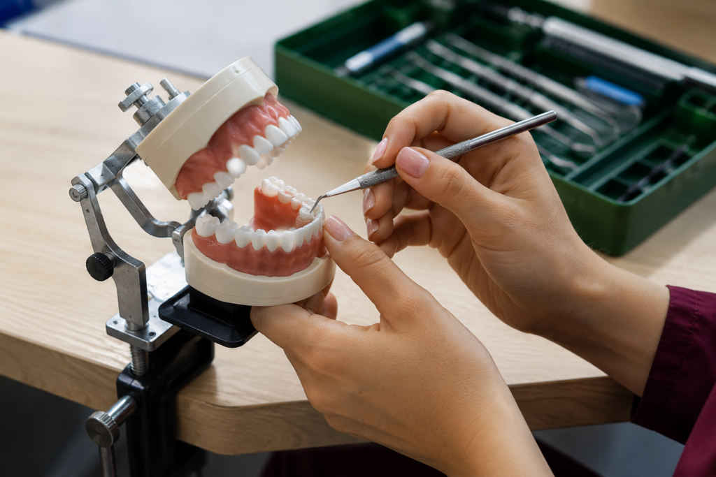 Dentist examining a typodont with a dental explorer during Advanced Standing bench exam preparation